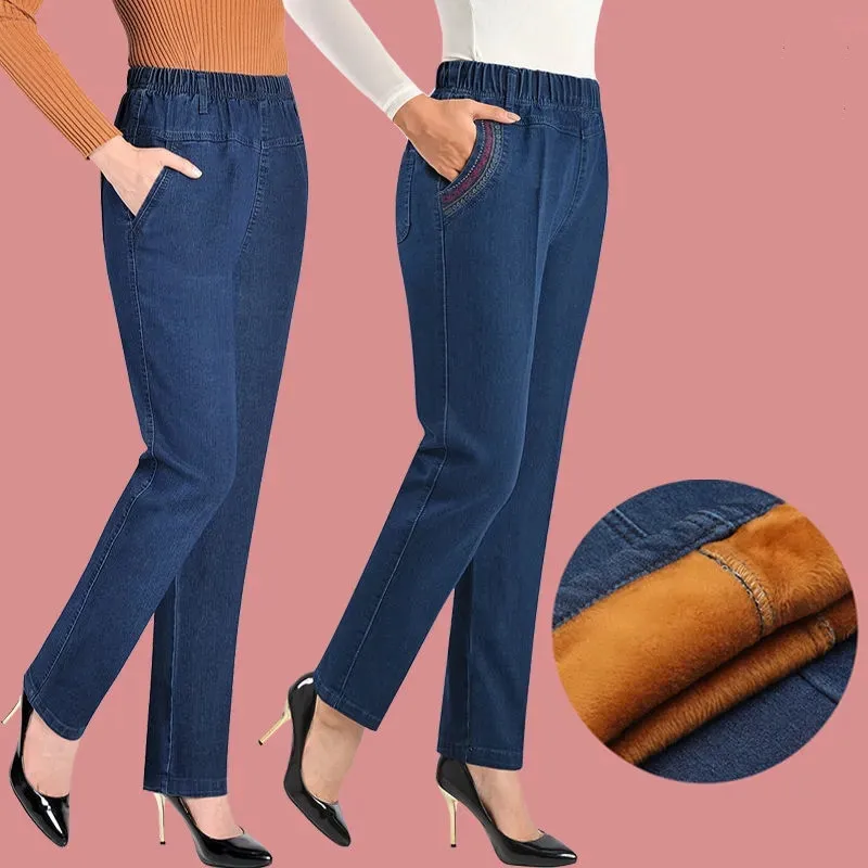 

Middle Aged Women Cotton Jeans Fall Winter Thick Velvet/No Velvet Elastic Waist Straight Trousers Large Size Mother Denim Pants