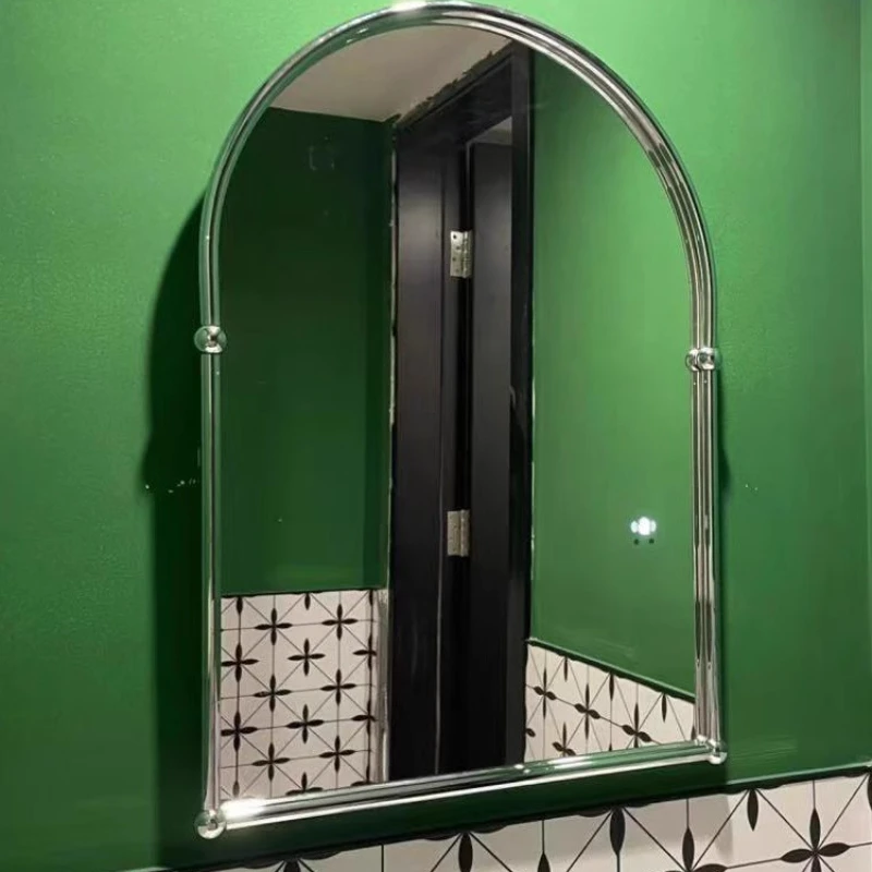 

Retro arched bathroom mirror Simple wall-mounted Nordic bathroom mirror with lamp decoration Stainless steel