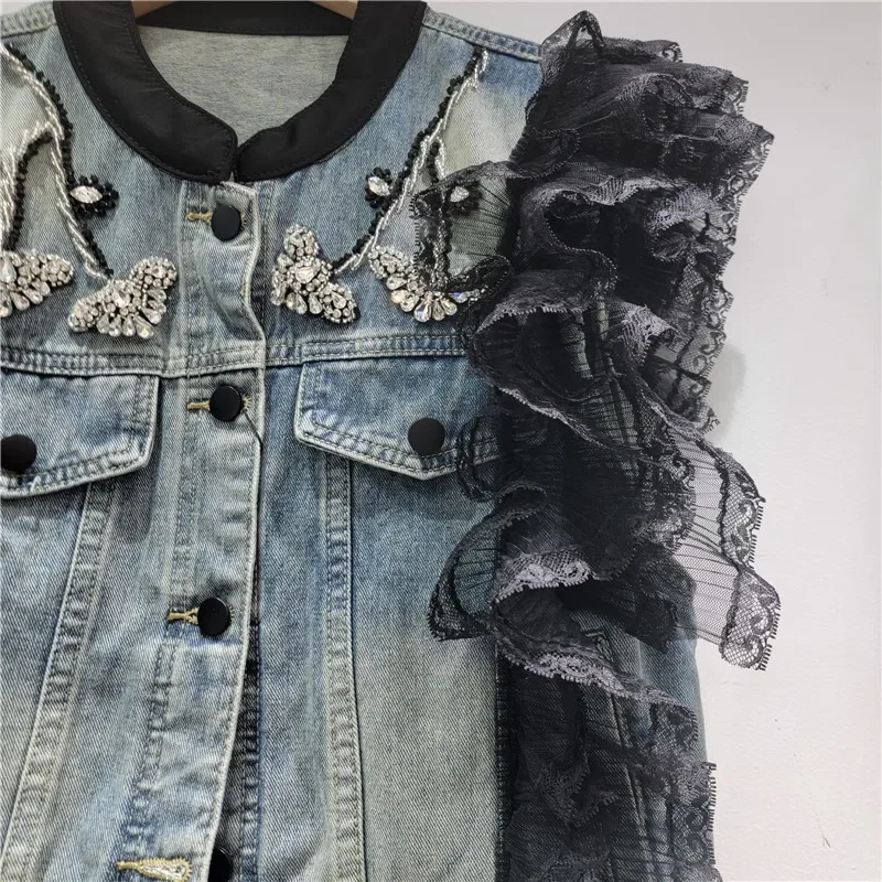 Koreanische Mode Spitze Patchwork Blau Kurze Denim Weste Frühling Frauen Neue Perlen Diamant Turndown Kragen Ärmellose Cowboy Weste