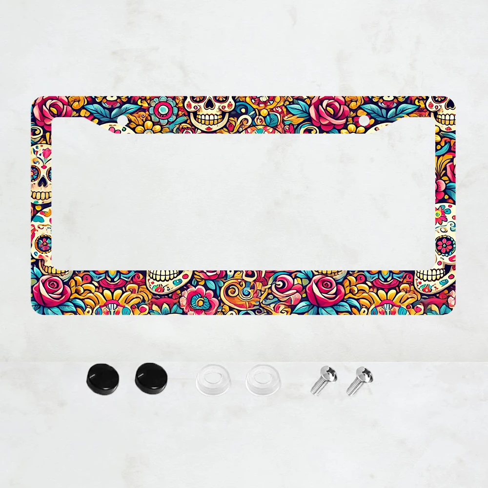 

1 шт. Алюминиевая рамка для номерного знака с изображением девушки с сахарным черепом и цветами - стандартный размер США 6 x 12 дюймов, декоративная автомобильная рамка