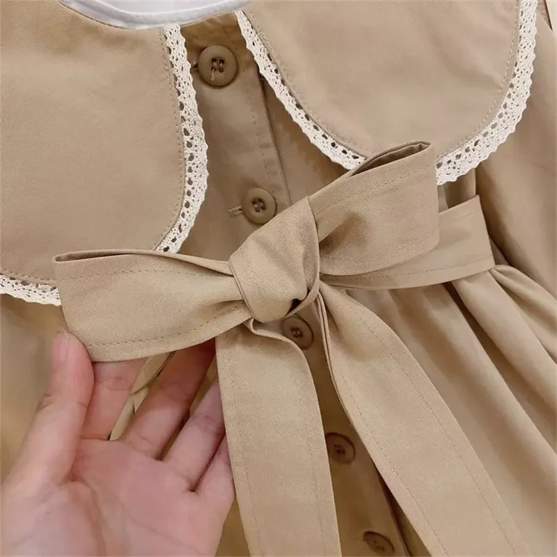 Girls Khaki Fashion Jackets Kids Cute Long Trench Coats Children Windbreaker Turndown Collar Outerwear Infant Casual Clothing