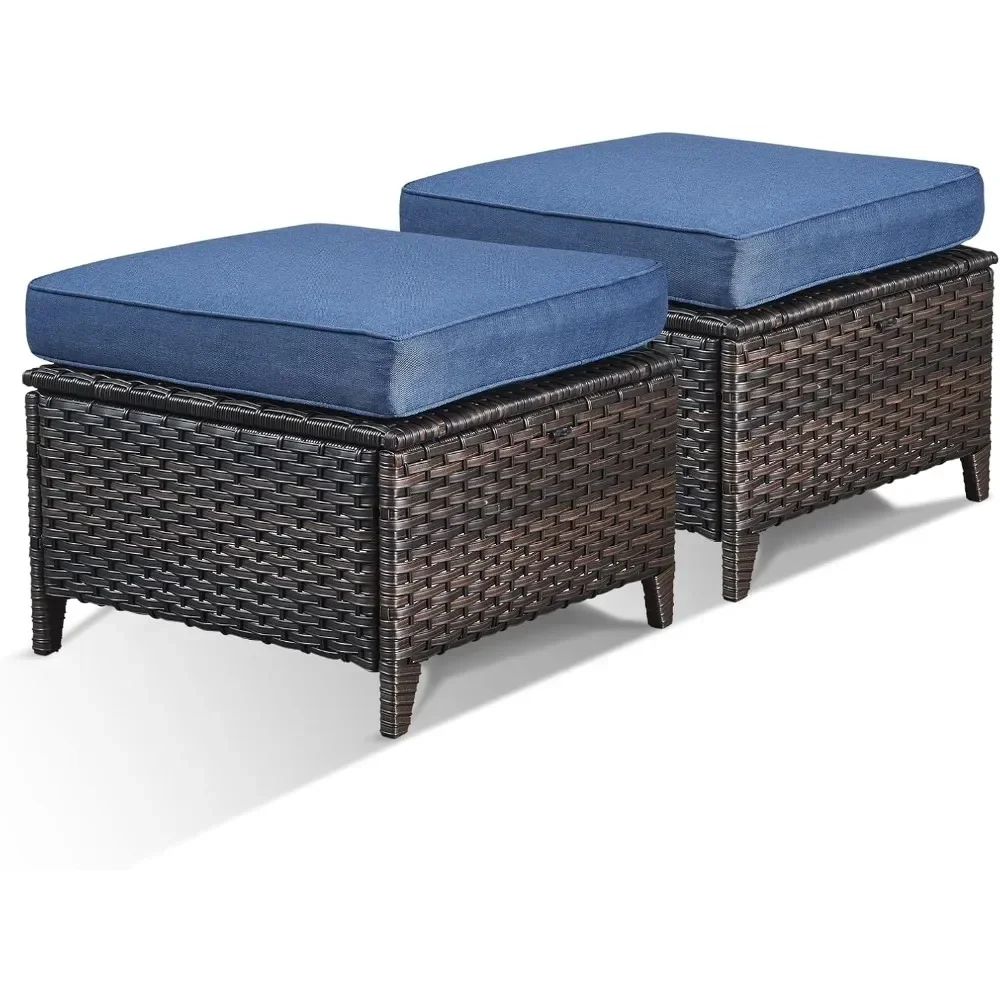 

2 Piece Outdoor Patio Wicker Ottoman Set PE Rattan Thickened Cushions Garden Furniture Footstools for Home Decor