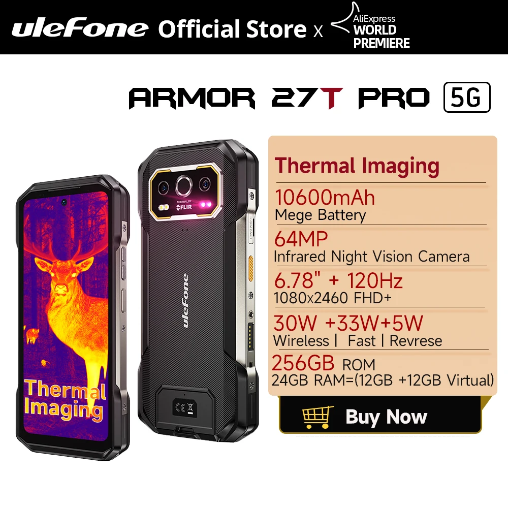 【세계 최초 공개】Ulefone Armor 27T Pro 5G 열화상 견고한 휴대전화 10600mAh 안드로이드 14 스마트폰 50MP+64MP 6.78