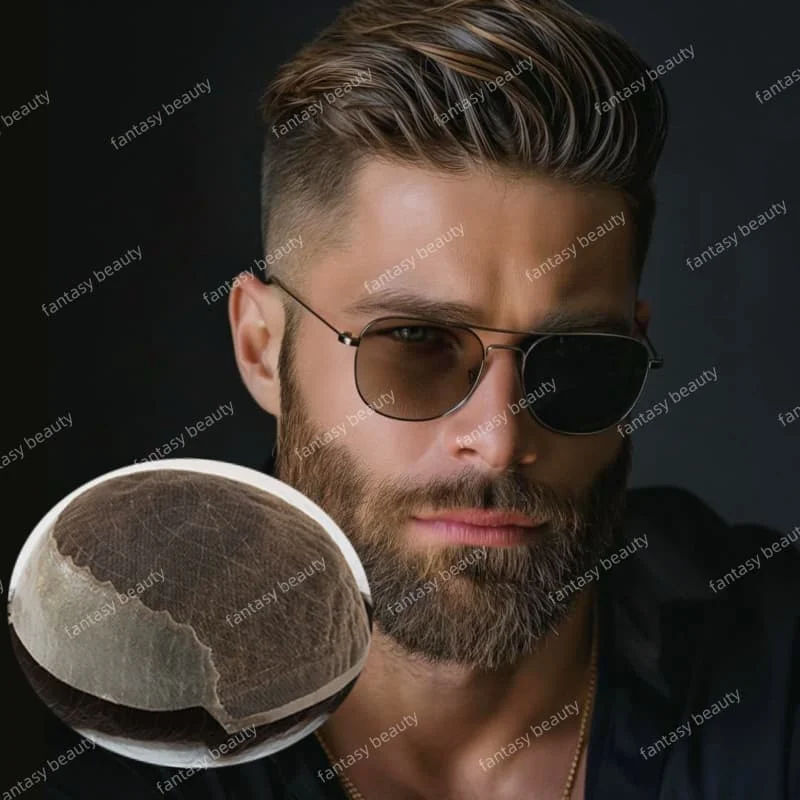 

Natural swiss Front Lace Men Hair Toupee 100% European Human Hair Toupee PU Replacement System 110%-130% density #1 #1b men wig