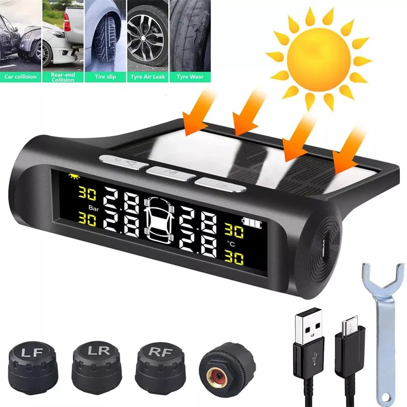 4 Sensors Car TPMS Tyre Pressure Monitoring System Solar Powered Digital LCD Display Auto Security Alarm Tester Automotive Test