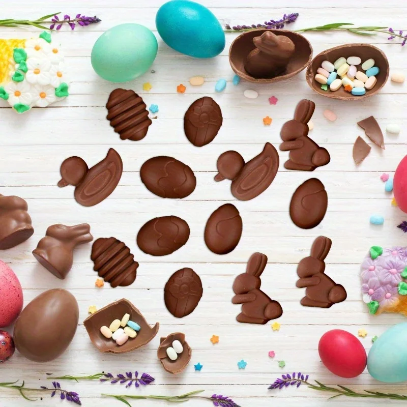 2 moldes de silicona para chocolate de Pascua, sin látex, con formas de huevo, conejo y pato para preparar delicias de Pascua perfectamente fritas