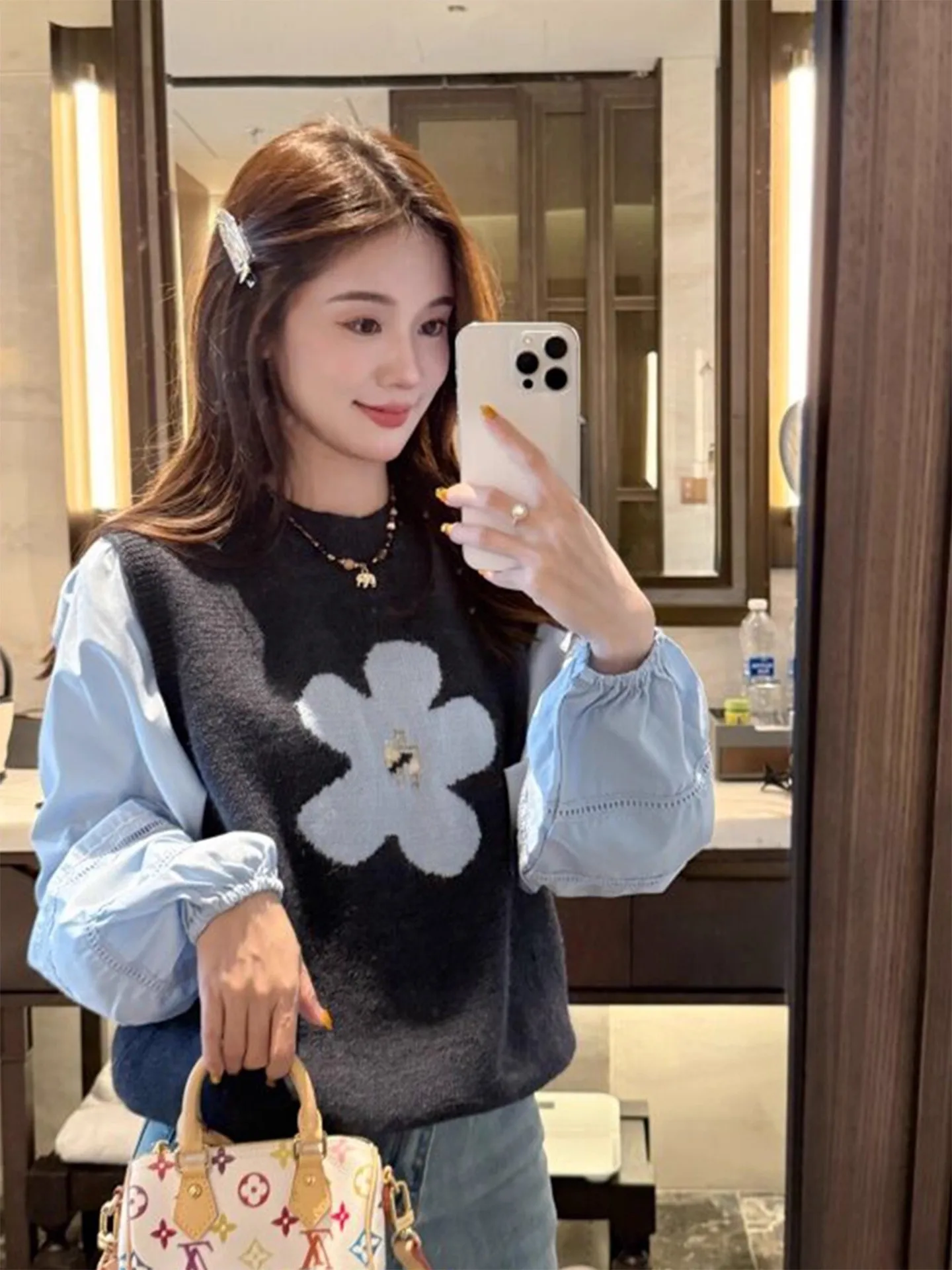 

Floral Embroidered Knitted Vest Women's Fashion Layering Sleeveless Outerwear Shoulder Pad Free Size Commute Style Autumn Winter