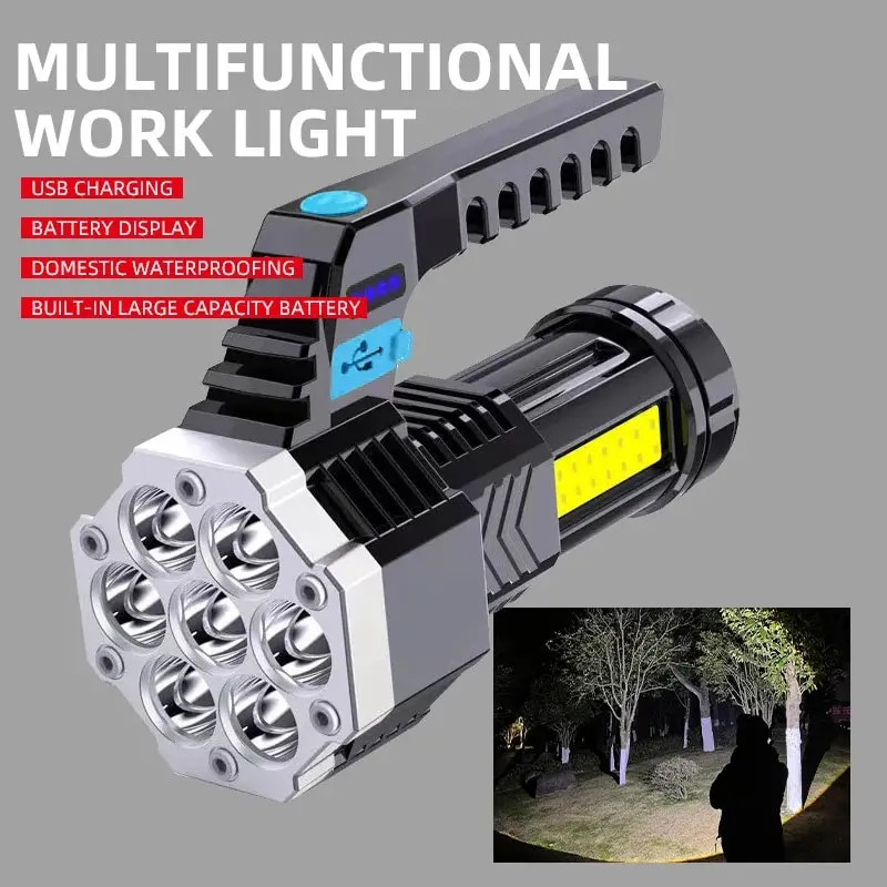 High Power LED Flashlight Powerful USB Rechargeable Torch Handheld Portable Outdoor Lamp Built-in Battery COB 7 LED Flashlights