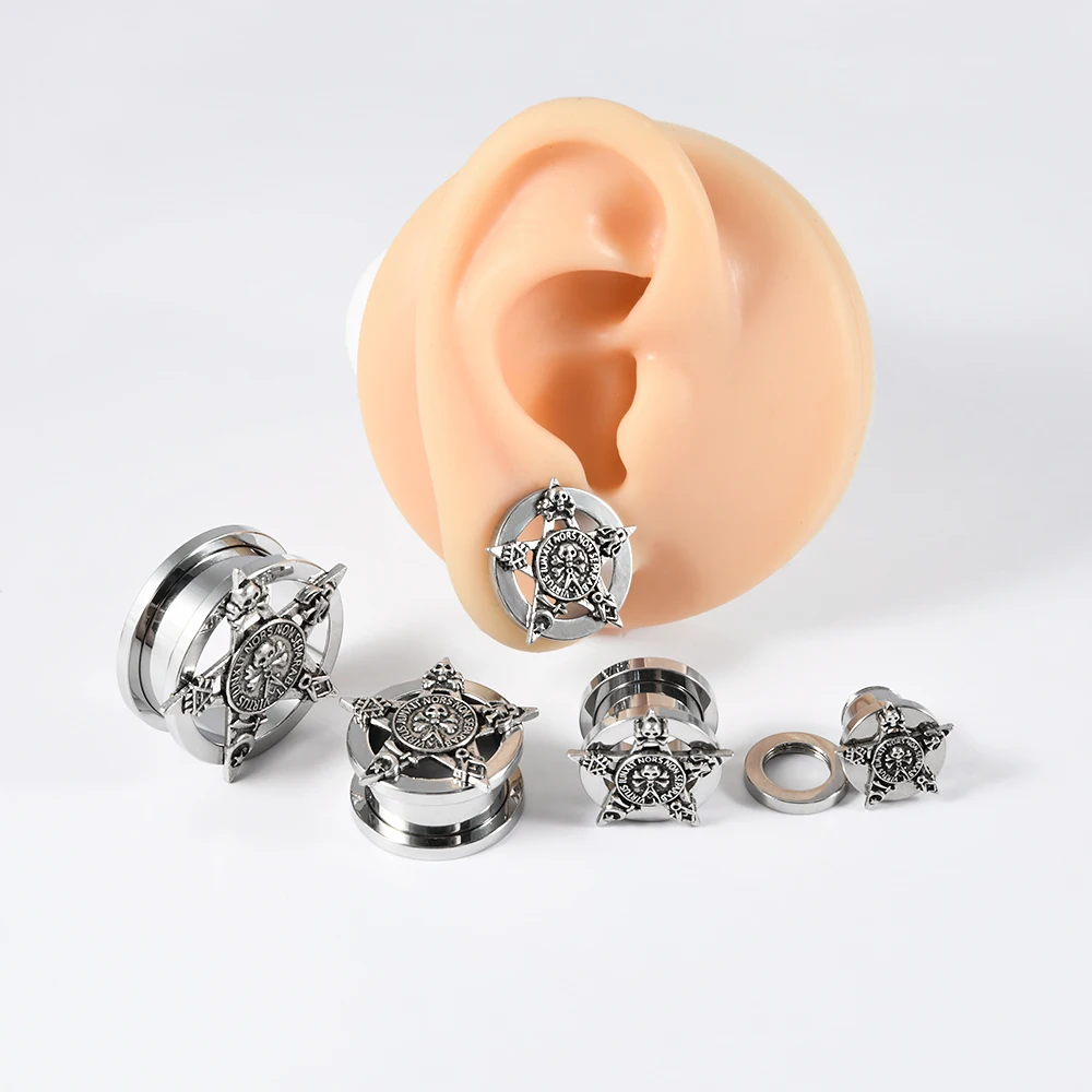 1-2PCS Punk Skull Pentagram Ear Plugs Tunnels Expander Stainless Steel Earlobe Tunnels Stretcher Earrings Ear Gauges Piercing