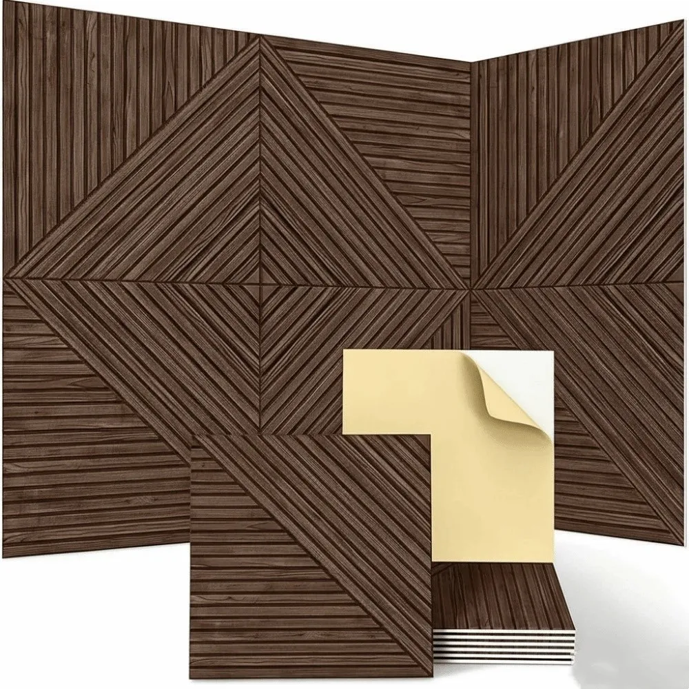 3D Wood Grain Acoustic Panels Self-Adhesive Peel And Stick Sound Absorbing Panels Grid Wall Sticker Polyester Fiber