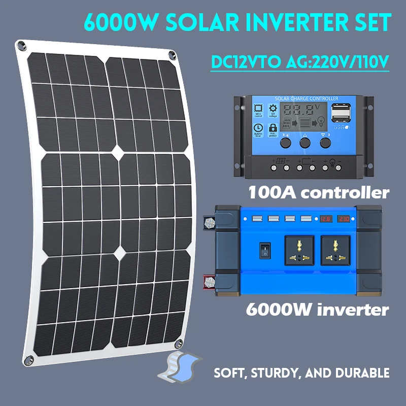 6000W Solar Inverter Kit Complete Power Generation 600W Solar Panel 110V/220V System 12V Solar Panel Battery Charging Controller
