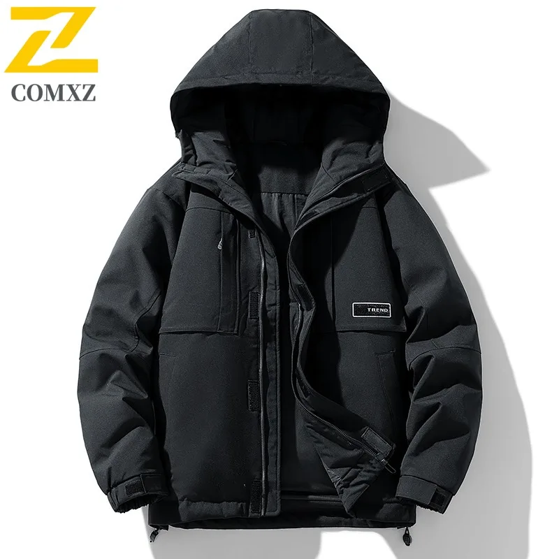 

COMXZ Premium Hooded Down Jacket Men Casual Outdoor Adventure Comfort Puffer Coat Pure Color Lightweight Travel Winter Coats