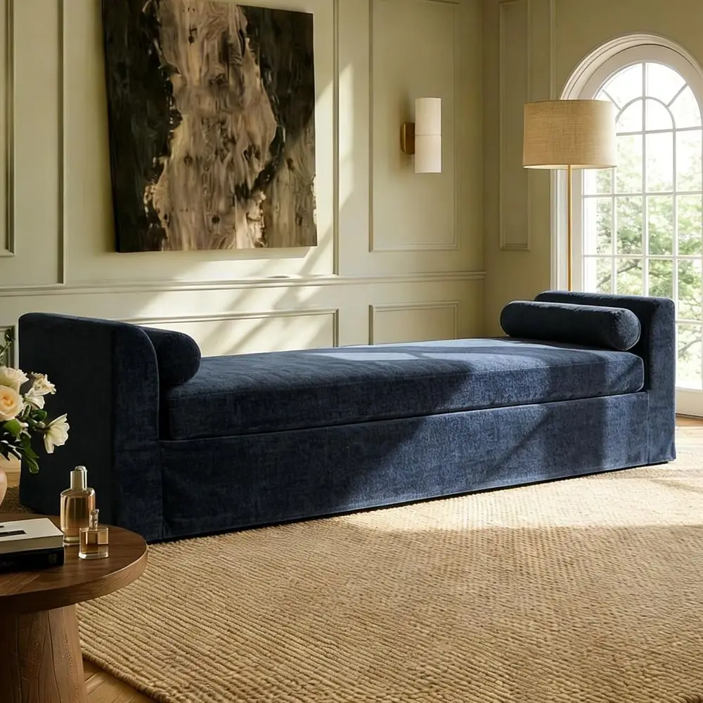 

Oversized 88.5 Navy Chenille Upholstered Lounge Chair with Pillows and Armrests for Bedroom or Living Room