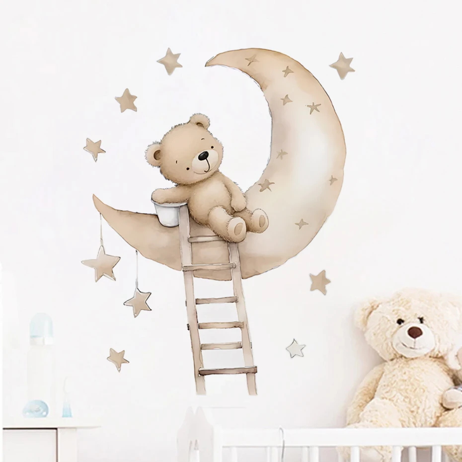 Teddy Bear on Moon Wall Stickers for Kids Room Children's Room Decoration Bedroom Wall Decals Baby Nursary Room Wallpaper Murals