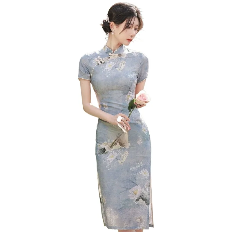 

Simple Elegant Slim Qipao Women Vintage Floral Style Cheongsam Traditional Short Sleeve Young Girl Chinese Dress Modern New