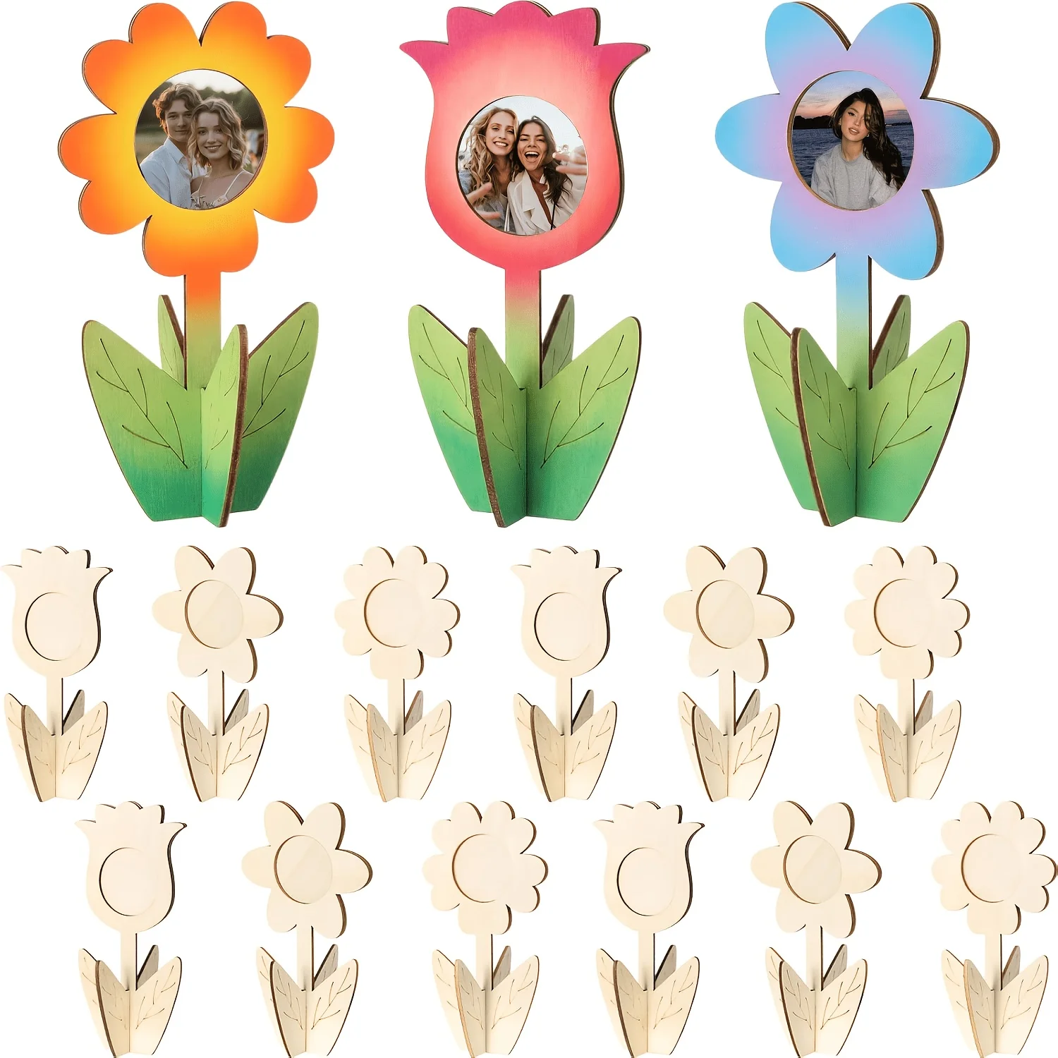 Unfinished 6pcs Photo Frame Photo Clips, Flower Wood Slice Interlocking Ornaments,  Styles of Interlocking Flower Decorations