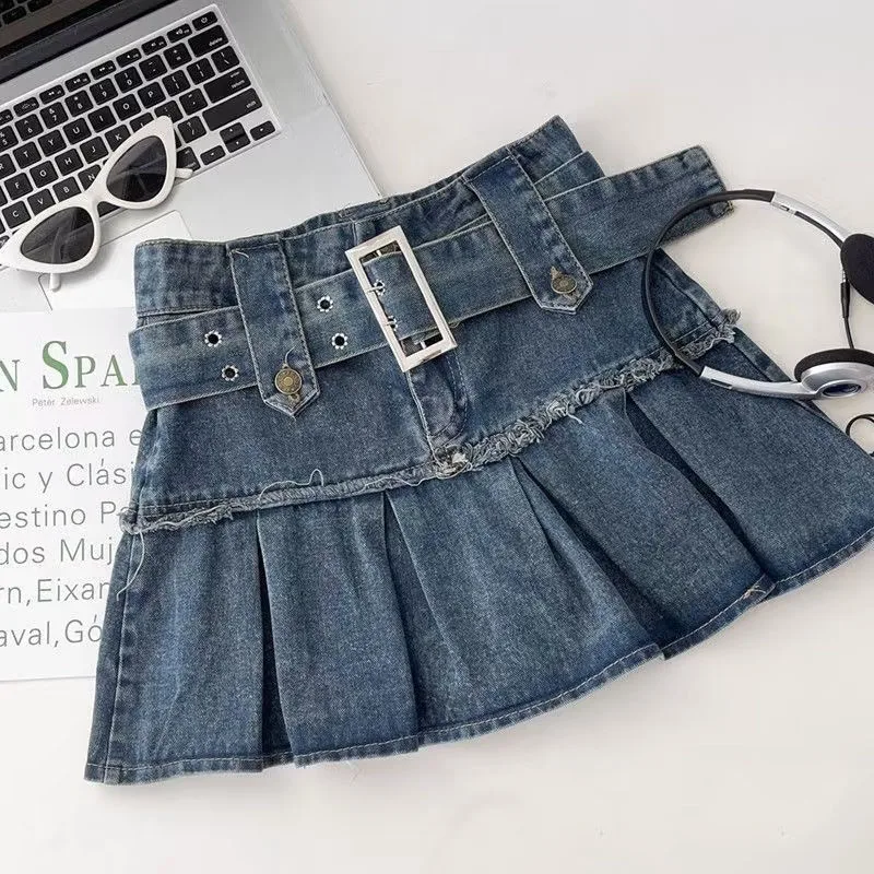 

Cute Light Blue Black Vintage Pleated Denim Skirts Harajuku Grunge Aesthetic 90s Summer Women Y2k High Waist A-line Short Skirt