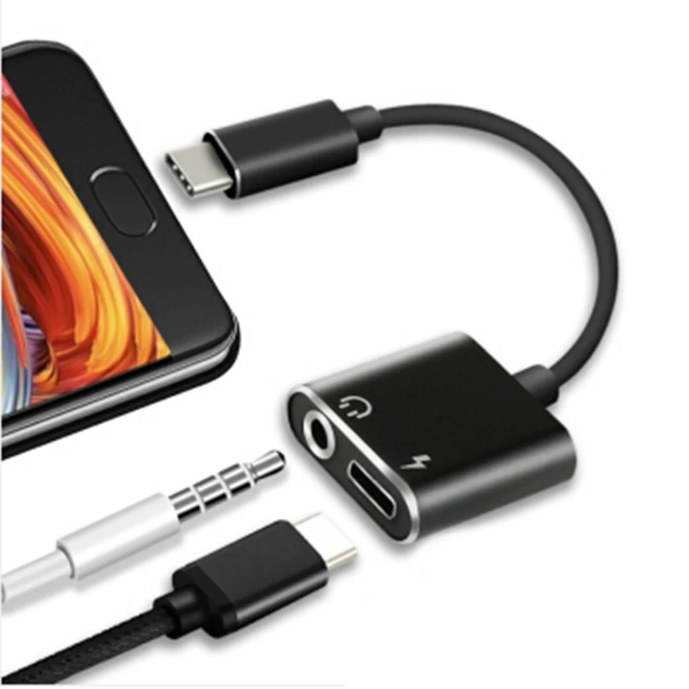 2 in1 Type-C to 3.5mm Headphone Jack Adaptor/Connector Charger, Earphone Aux Audio & Charge Adaptor black