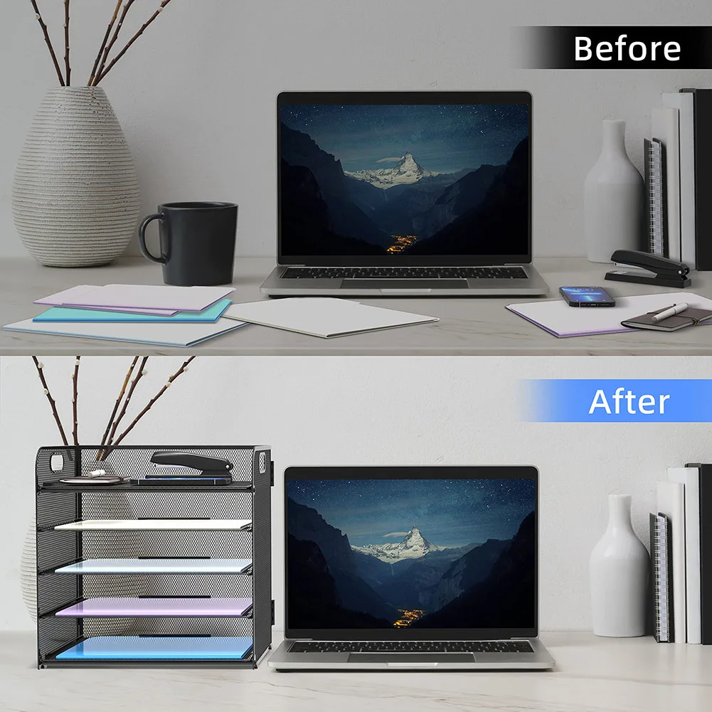 Paper Organizer, Mesh Desk File Organizer Paper Sorter Holder with Handle, Metal Desktop Shelf Tray, Paper Sorter for Office