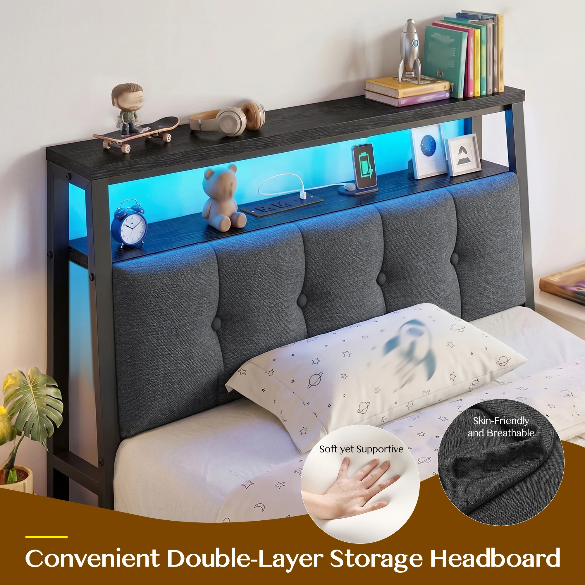 RAYBEE King Bed Frame with Upholstered Headboard & Charging Station Linen Upholstery, 2-Tier Shelf, 2 AC Outlets, Type-C, RGB LED Remote, 12in Underbed Clearance, 1100 lbs, No Box Spring, Grey image 4