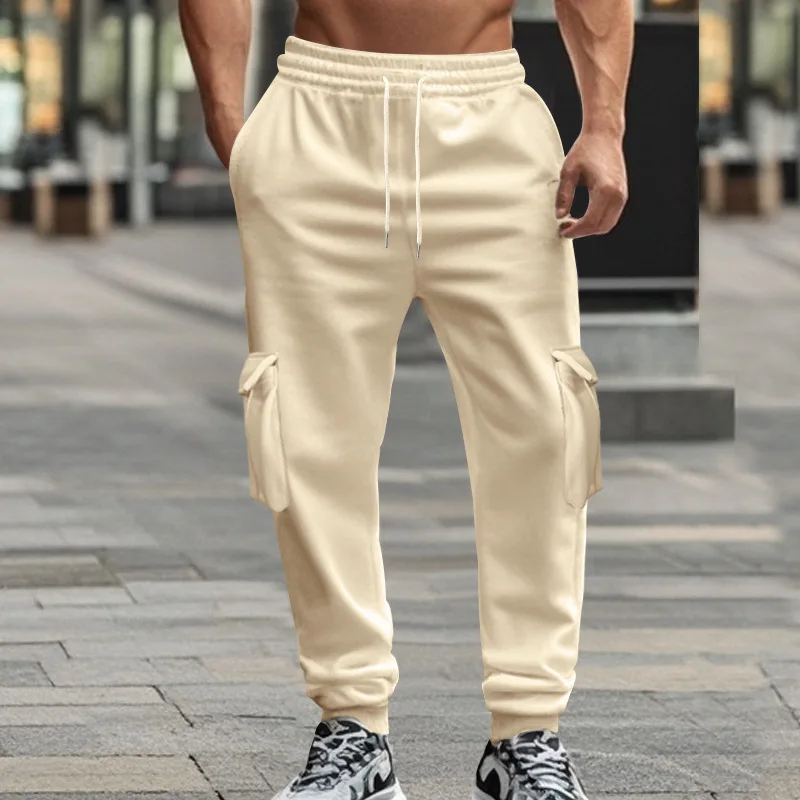 

Men Mid Waist Cargo Pants Solid Loose Patchwork Pencil Pants Ankle Length Pant Spliced Drawstring Pockets Fit Sports Casual Male