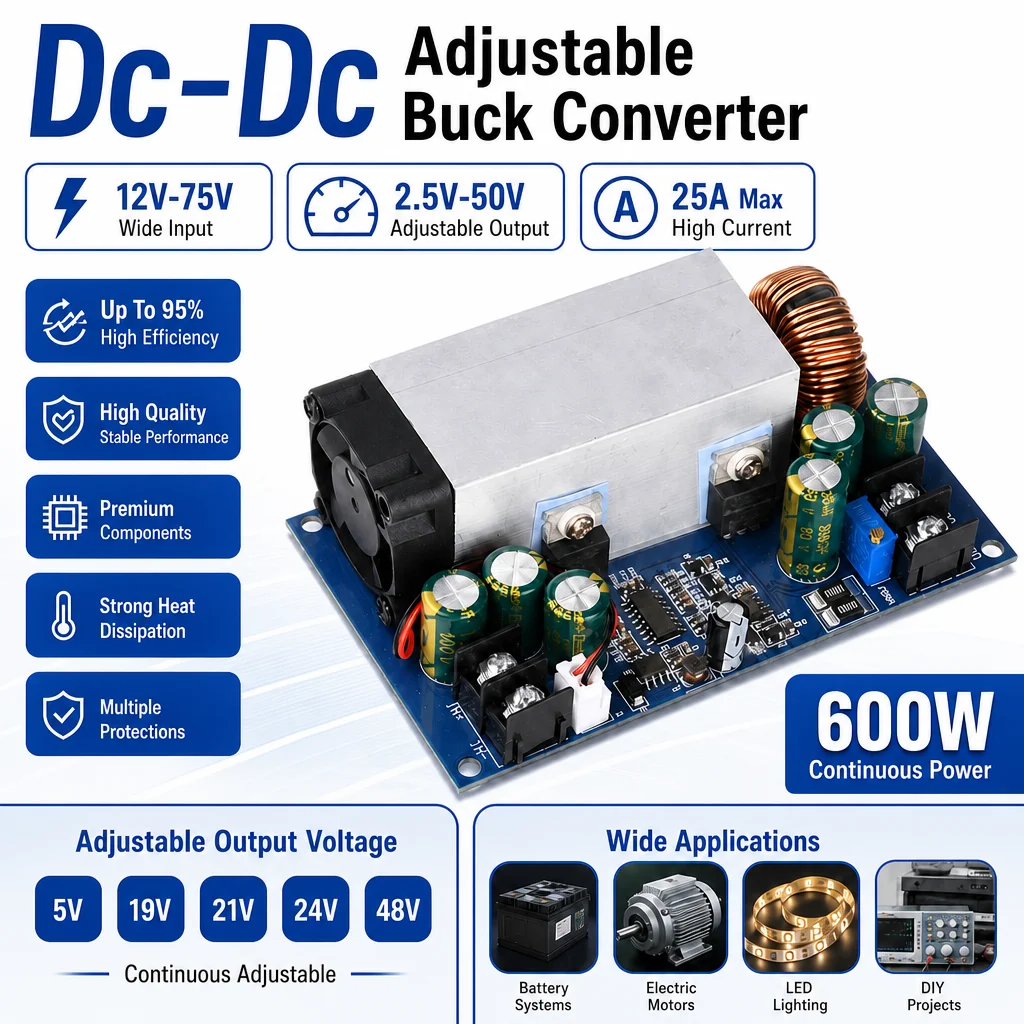 Conversor Buck DC-DC 25A 600W, Módulo de Potência Step-Down 12V-75V para 5V, 19V, 21V, 24V, 48V Ajustável, Regulador Buck DIY, Driver de LED CC/CV