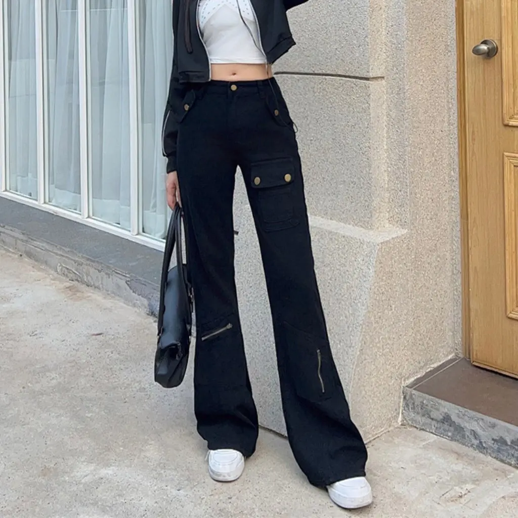 Damskie spodnie ogrodniczki z prostymi nogawkami, ciężki materiał, styl casual, dżinsy bootcut, luźny krój, dopasowane, modne spodnie uliczne, wiosna