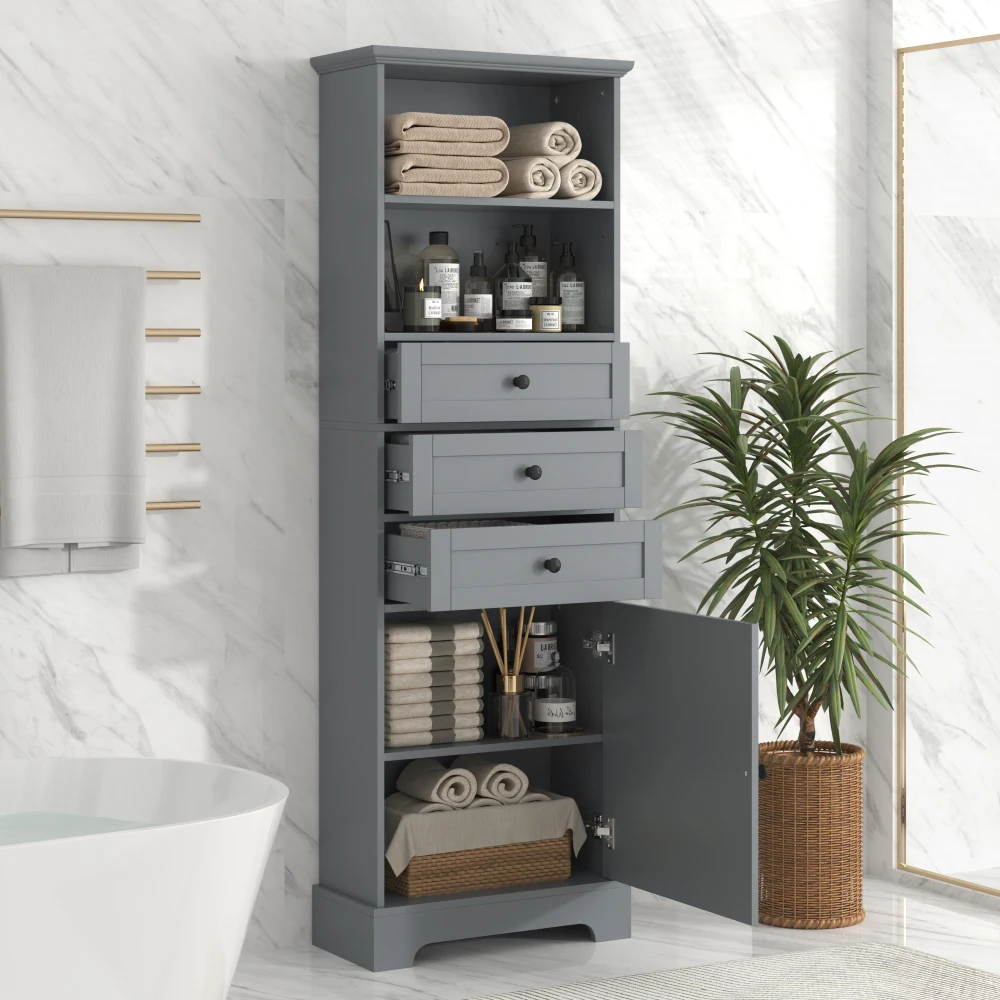 

Gray/Black Tall Storage Cabinet with 3 Drawers and Adjustable Shelves for Bathroom, Study, Office and Interior