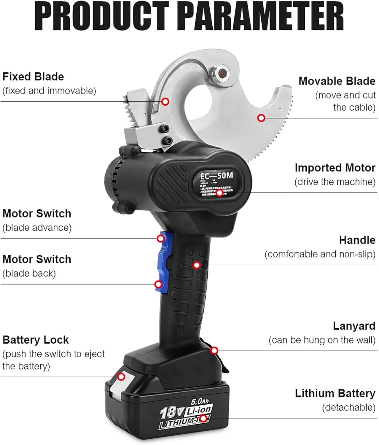 Electric Ratchet Cable Cutter, Rechargeable 50Mm Ratchet Wire Cutter With 2 Gear Speed, Portable Aluminum Copper Cable Gear