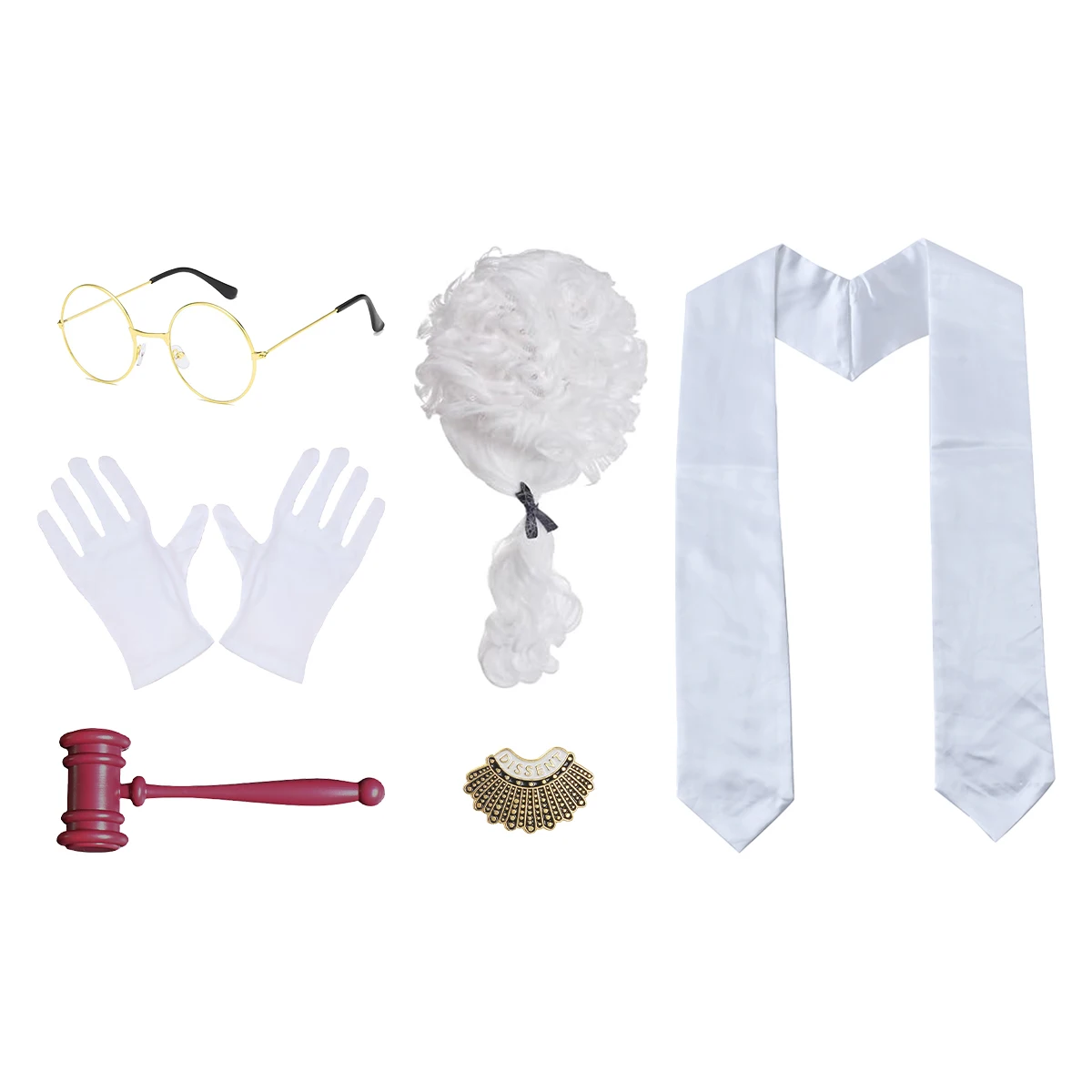 PESENAR Halloween Judge Costume Accessories, Six-piece Set Including Wig, Plastic Gavel, Round Glasses, Gloves, and More