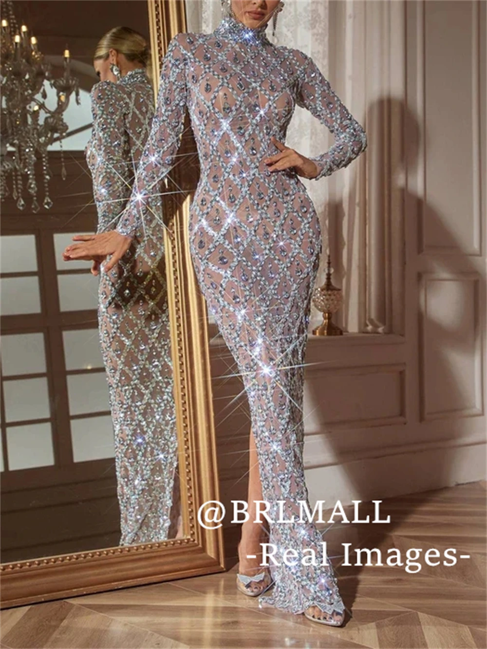 BRLMALL Volle Ärmel Illusion Abendkleid Stehkragen Lange Mantel Abendkleider Echte Bilder Hochzeit Party Kleider Viele Farben