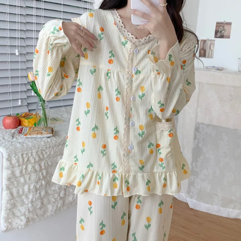 Floral Women Pajamas Sets Korean Sleepwear 2 Piece Female Pyjama Lady Loungewear Long Sleeve Top Pants Pijama Cute Nightwear Pjs