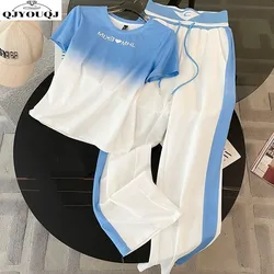 2024 Spring/Summer New Fashionable Gradient Short Sleeve+High Waist Wide Leg Pants Casual Two Piece Set