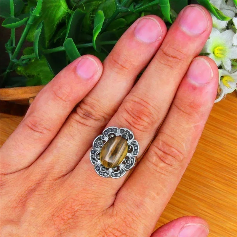 Oval Natural Tiger Eye Rings For Women Vintage Look Antique Silver Plated Rhinestone Plum Flower Fashion Jewelry TR692