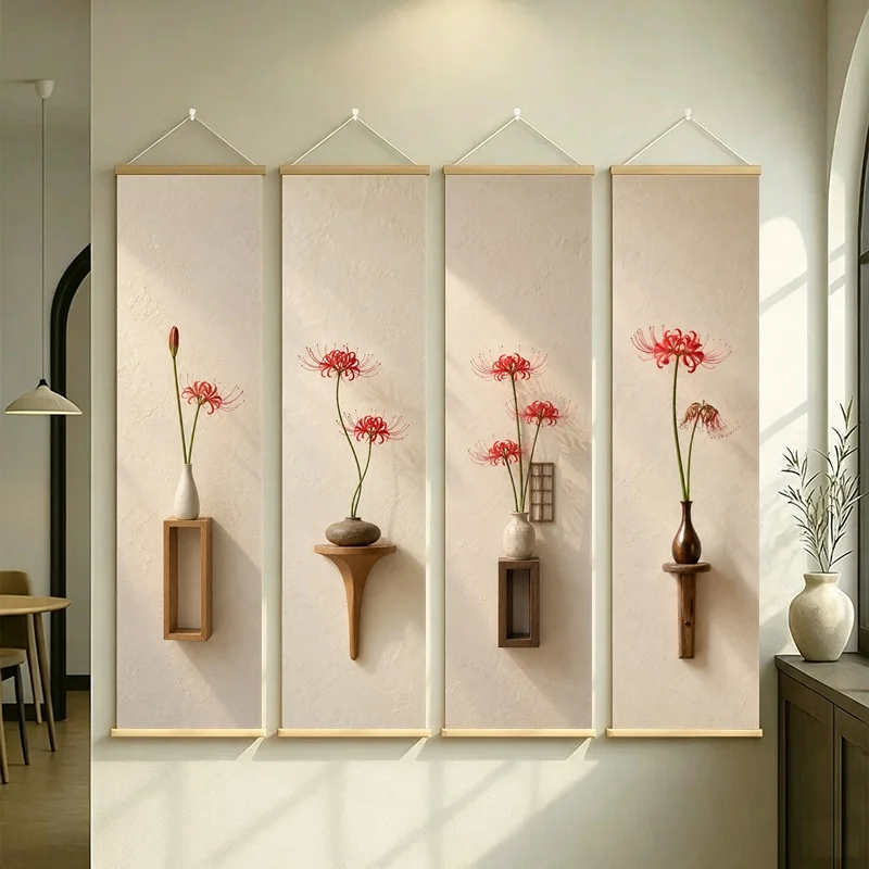 Red Floral Wall Art 4-Panel Slender Bloom Vase Hanging Scroll Set on Beige Silver Shimmer Canvas for Warm Living Room Decor