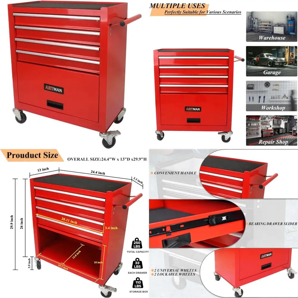 Multifunctional 4-Drawer Rolling Metal Tool Chest with Wheels for Garage, Workshop, and Repair Shop Use
