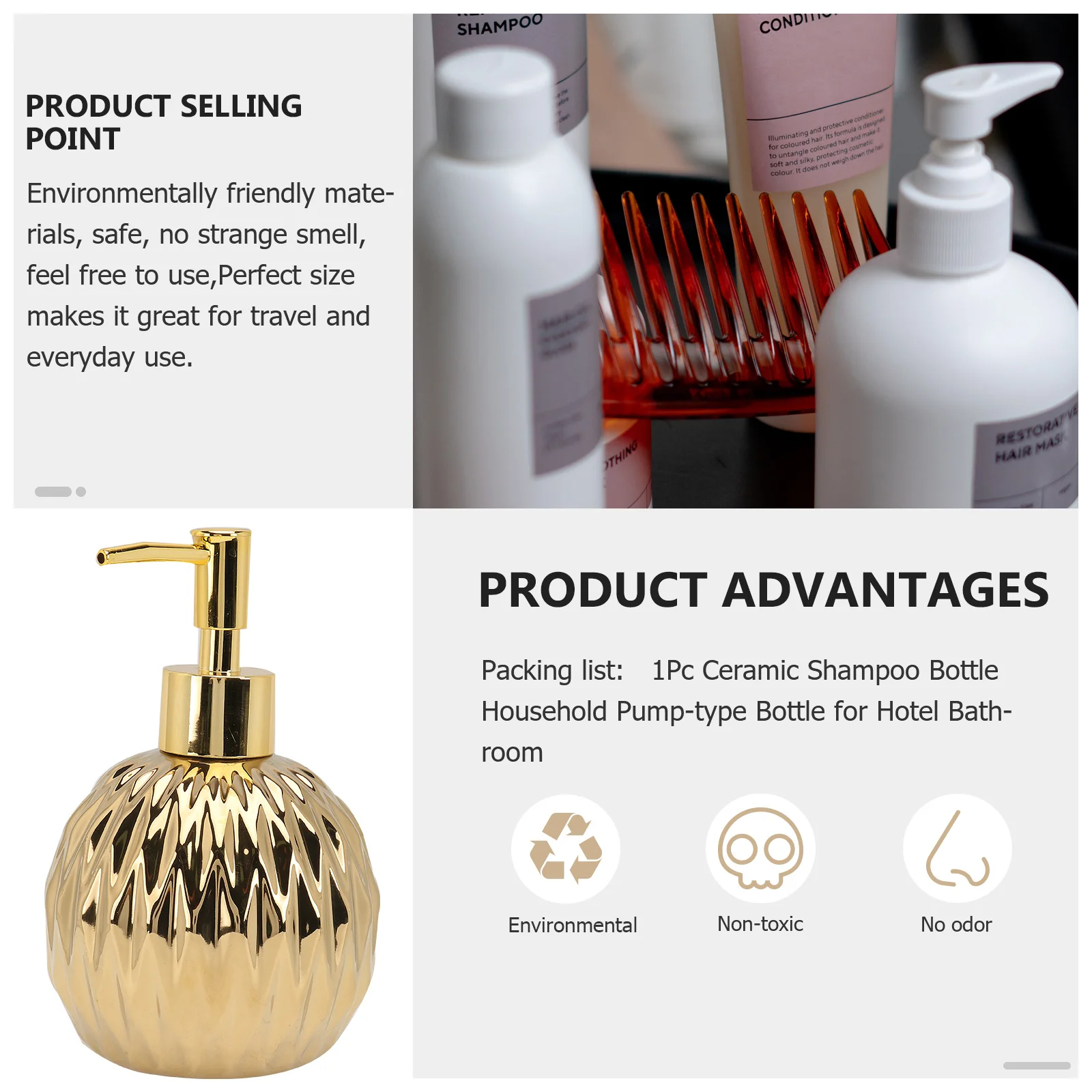 

1 шт. Золотая керамическая бутылка-дозатор с помпой для путешествий: для шампуня, геля для душа, лосьона, тоника для лица, крема для рук, солнцезащитного крема, многоразовая