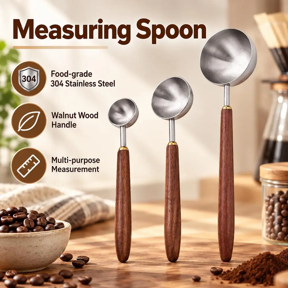 S/M/L Coffee Bean Powder Measuring Spoon Wooden Long Handle Stainless Steel Coffee Scoop Tablespoon Measuring Spoon