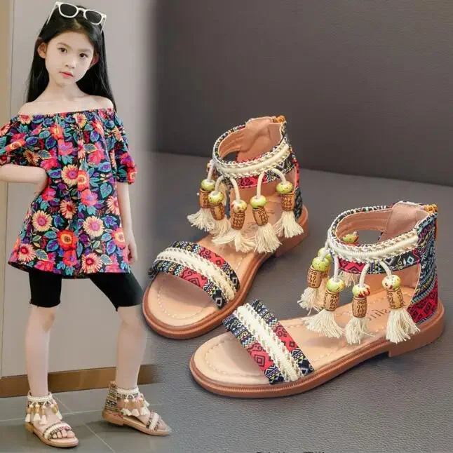 Kids Fashion Girls Sandals 2024 New Soft Ethnic French Wind Open-toe Cool Breatheable Princess Shoes Children Versatile Platform