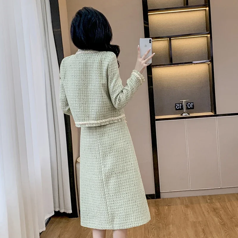 Autumn Winter Women Elegant Light Green Tweed Skirt Suits Fashion Tassel Short Jacket And High Waist Long Skirt Two Piece Set