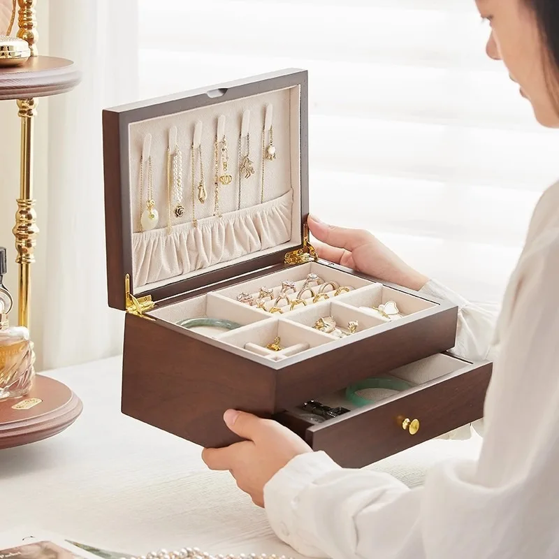 Solid Wood Large Jewelry Box, High-End Anti-Tarnish Case, Drawer Necklace Earring Box, Elegant Trinket Organizer