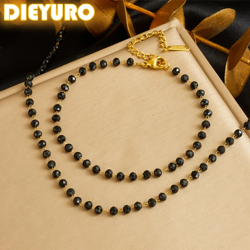 DIEYURO 316L Stainless Concise Steel Black Glass Stone Necklace Bracelet Suit For Womens 2024 New TrendNon-fading jewelry Set