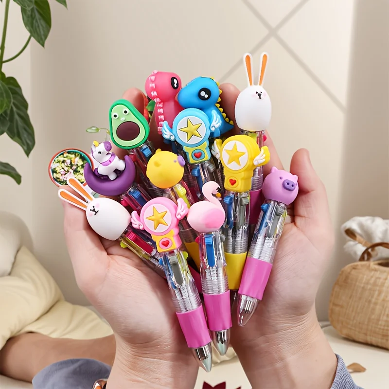 16 قلم حبر جاف صغير بأربعة ألوان، كارتون لطيف، تصميم ضغط، كتابة سلسة، مناسب لملاحظات الطبقة، إلخ