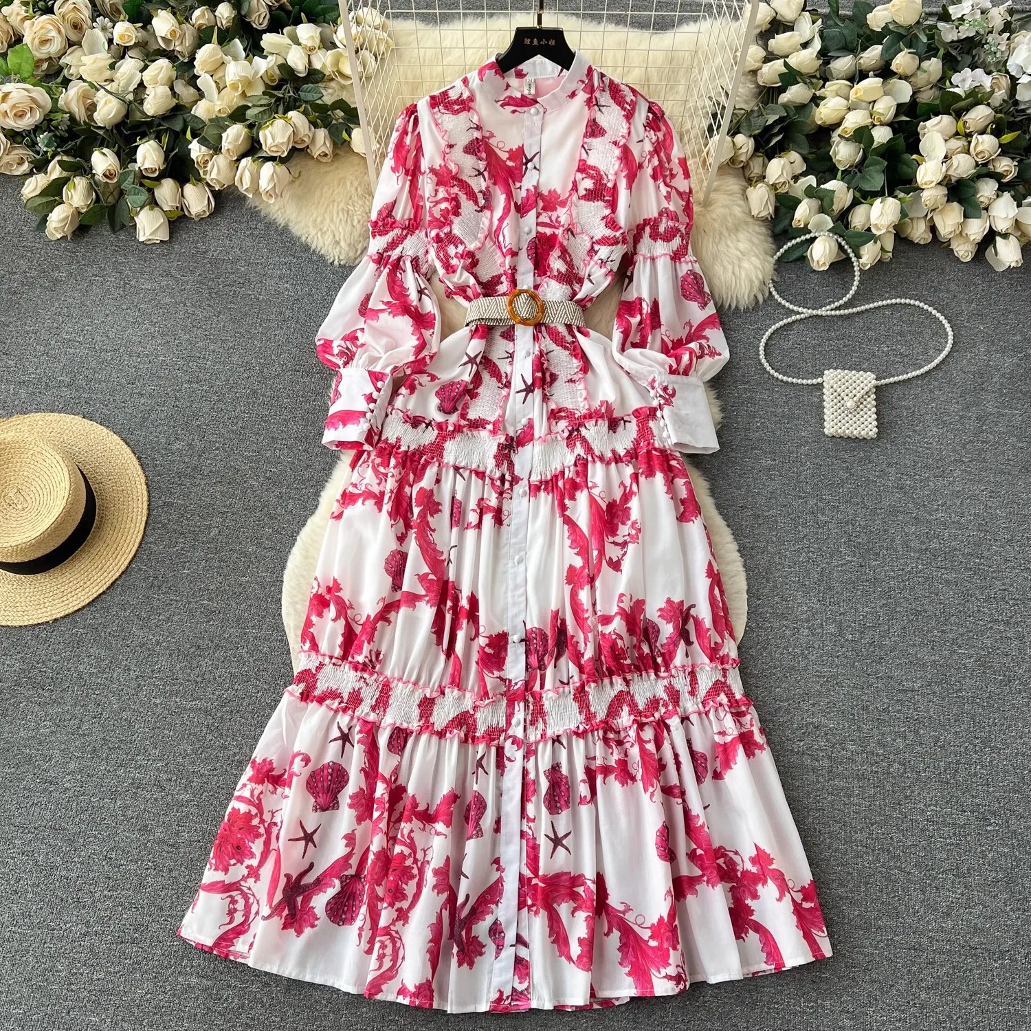 

2023 New Fashion Print Flower Women Spring Autumn Sweet Stand Collar Single Breasted Belt Lantern Sleeve Holiday Beach Dresses