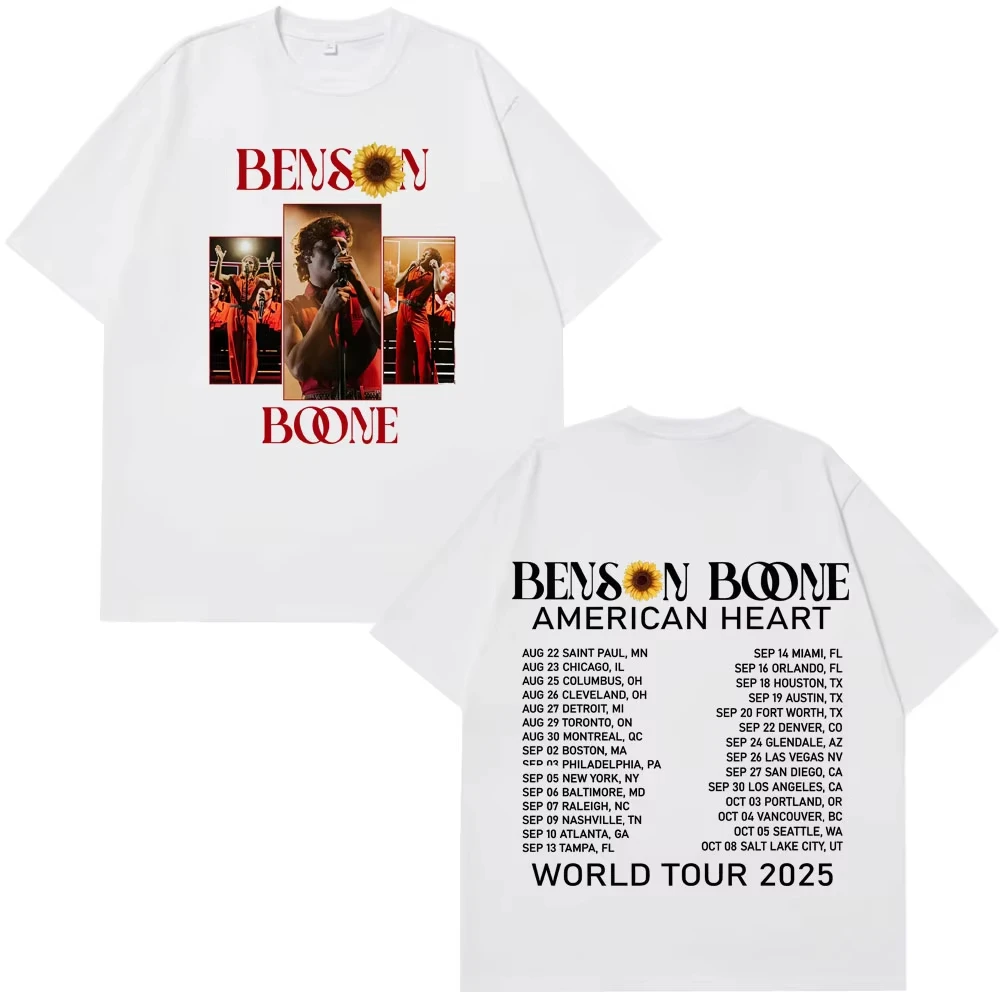 Hip hop moda feminina verão algodão casual camiseta fã presente benson boone americano coração tour 2025 retro impresso camiseta