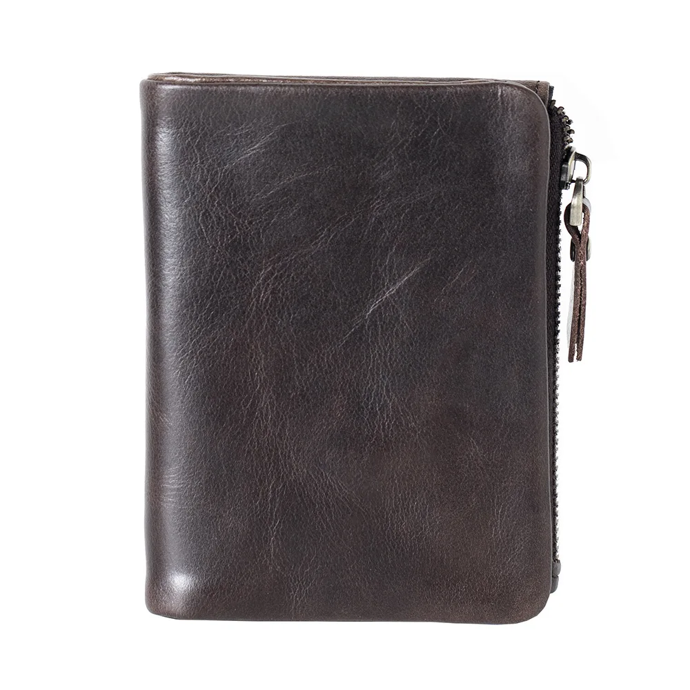 Vintage Short Genuine Leather Men's Wallet with Oil Wax Finish, Silver Buckle and Top Grain Cowhide