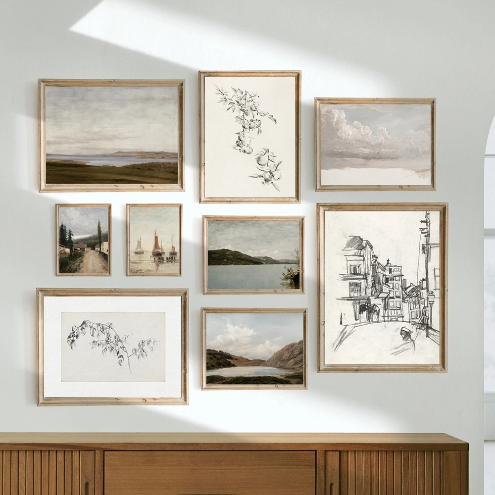 Encantadores impresiones de humor Vintage, pintura de paisaje de país europeo, carteles, bocetos botánicos, dibujo, lienzo impreso, decoración del hogar