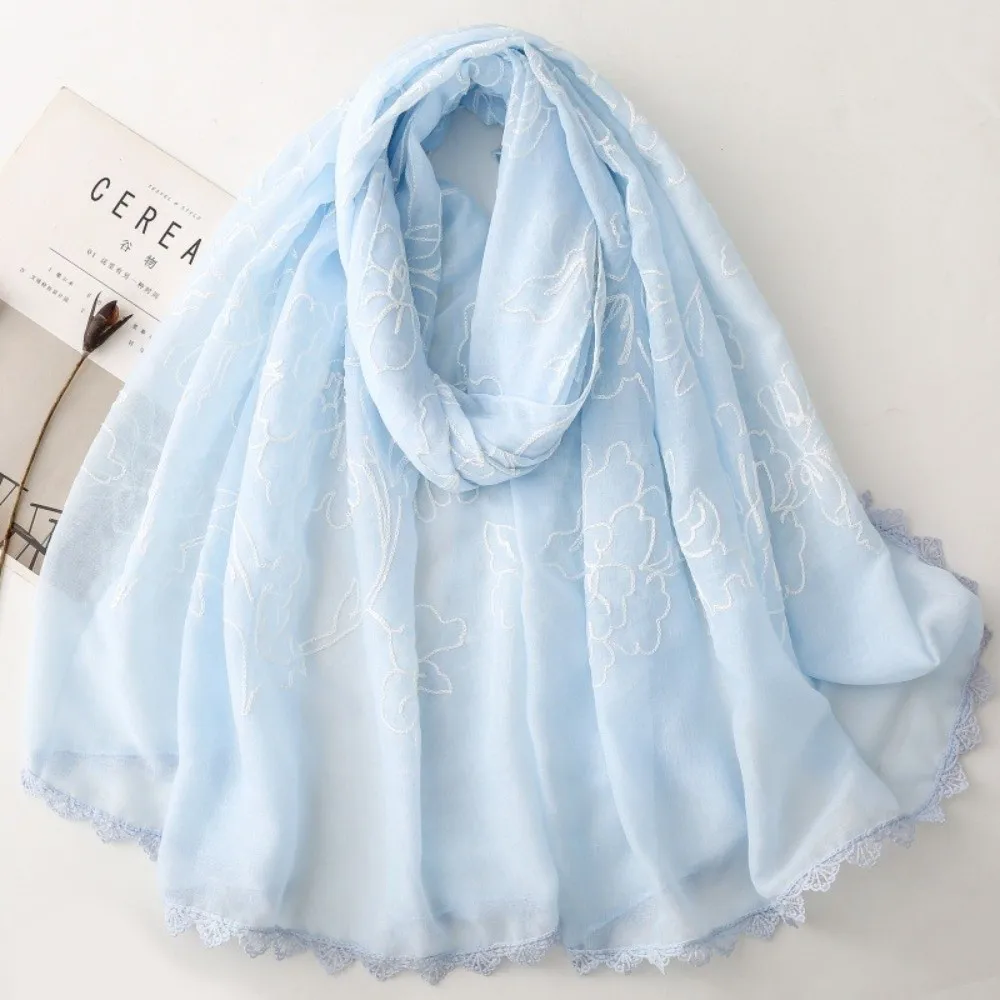 

Literary Elegant Embroider Scarf 180*90Cm Thin Sunscreen Shawl Floral Pattern Embroider Stitch Floral Scarf for Women