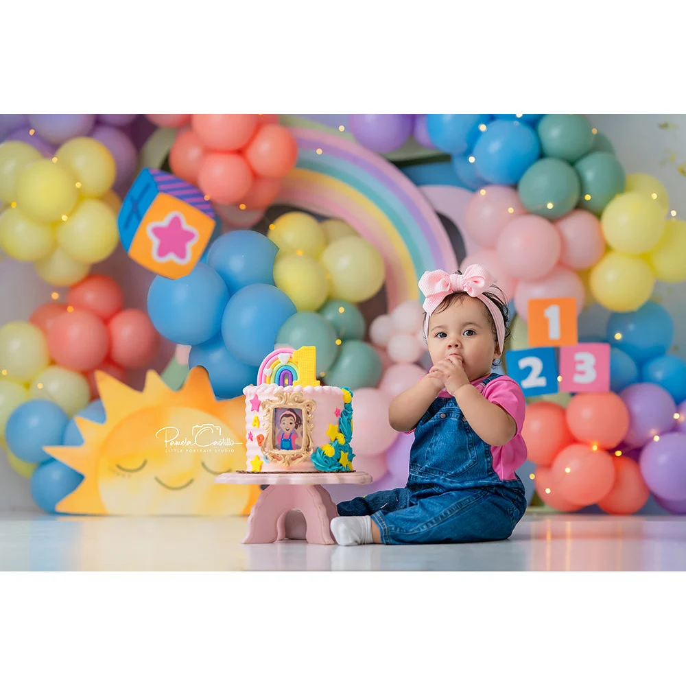 Pastel Balloon Cake Smash Backdrops Kids Baby BIrthday Photography Props Rainbow Learning Dreams Theme Backgrounds