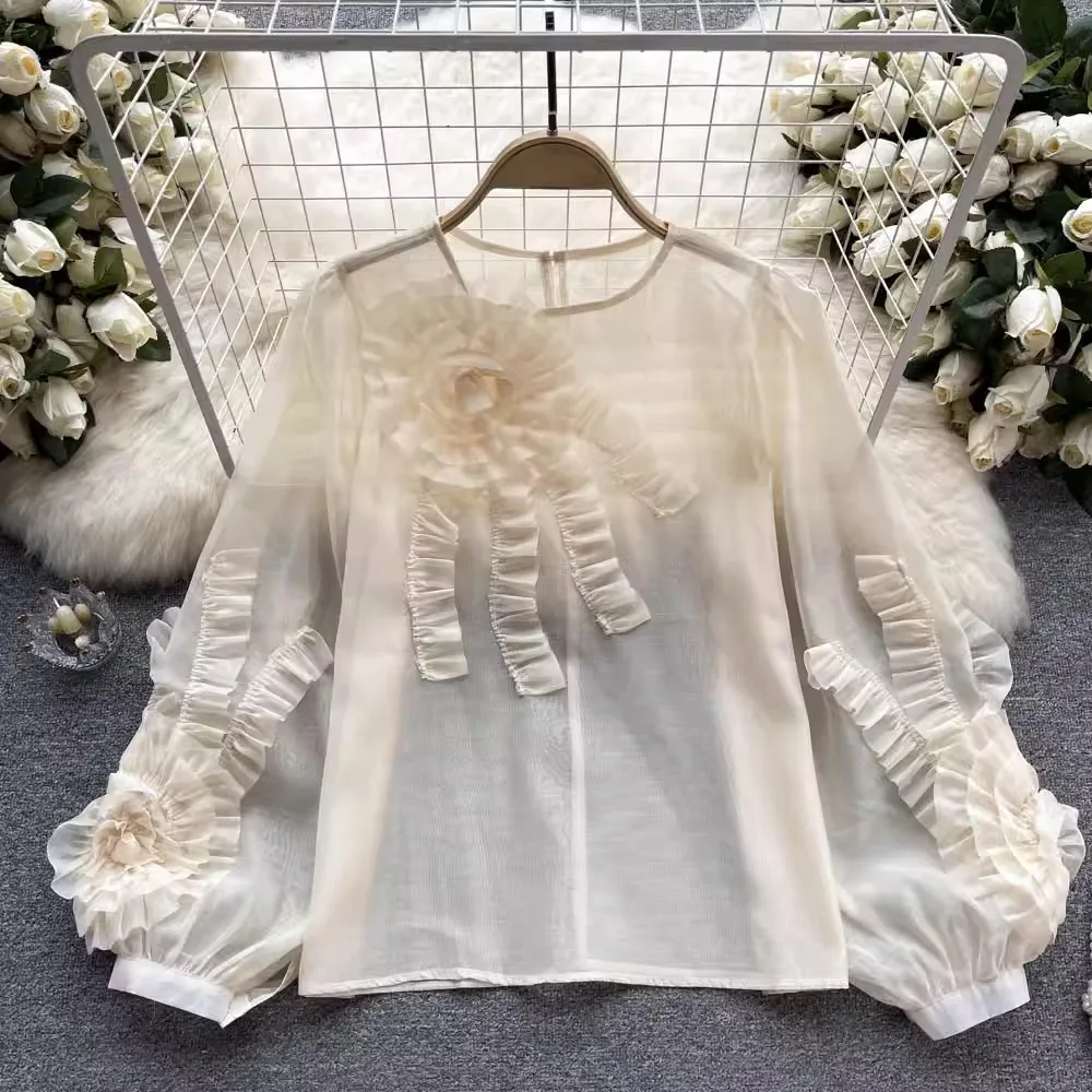 

Женская рубашка с длинными рукавами и трехмерным цветком во французском стиле, весна-лето, новая милая свободная утягивающая шикарная тонкая рубашка